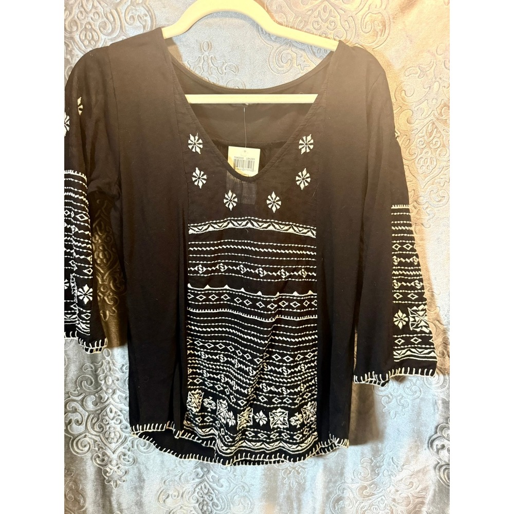 Lucky Brand Women's Black Embroidered Boho Peasant Top V-Neck 3/4 Sleeve S